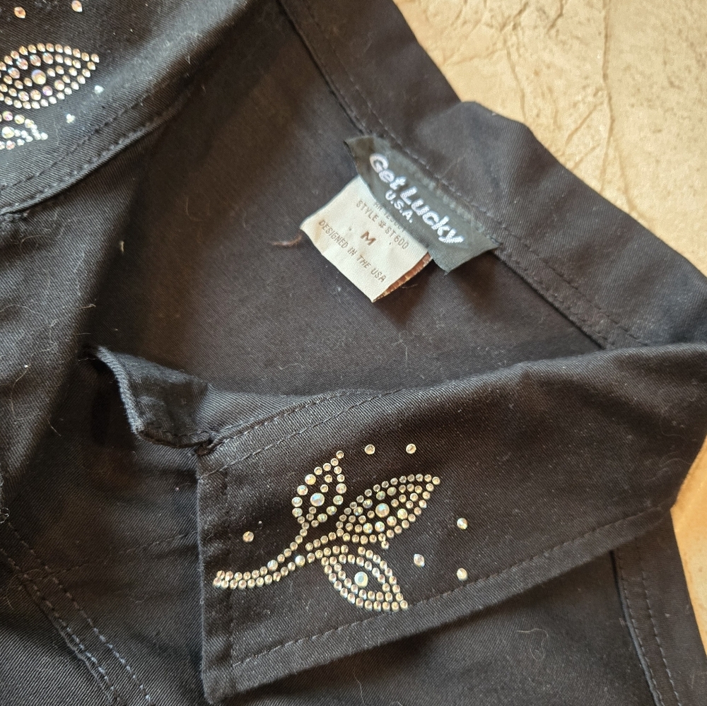 New Sparkly Black Jean Jacket S-M Rhinestones Get Lucky U.S.A. - Picture 4 of 5